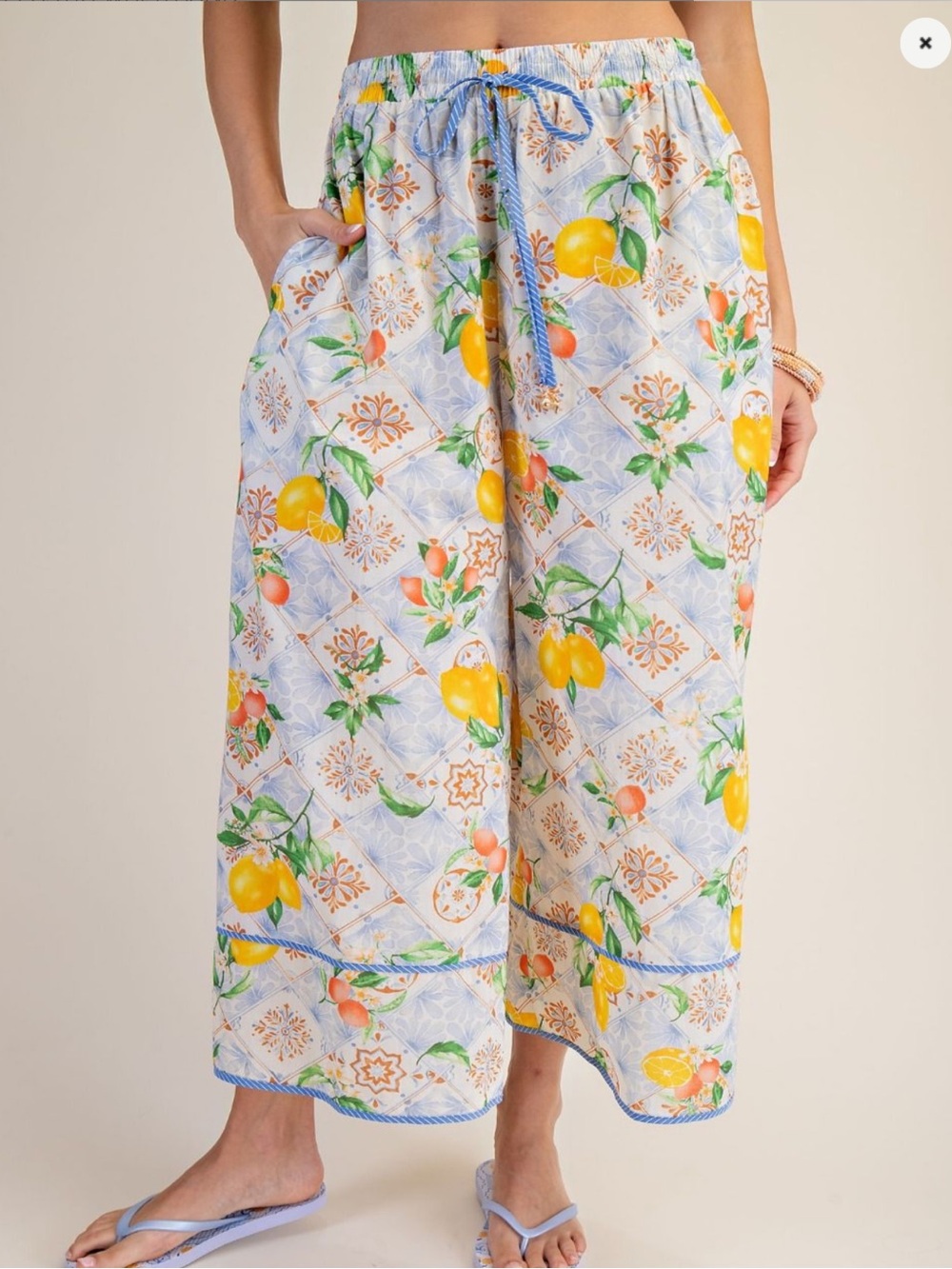 Wide Leg Citrus Print Lounge Pants - White/Yellow